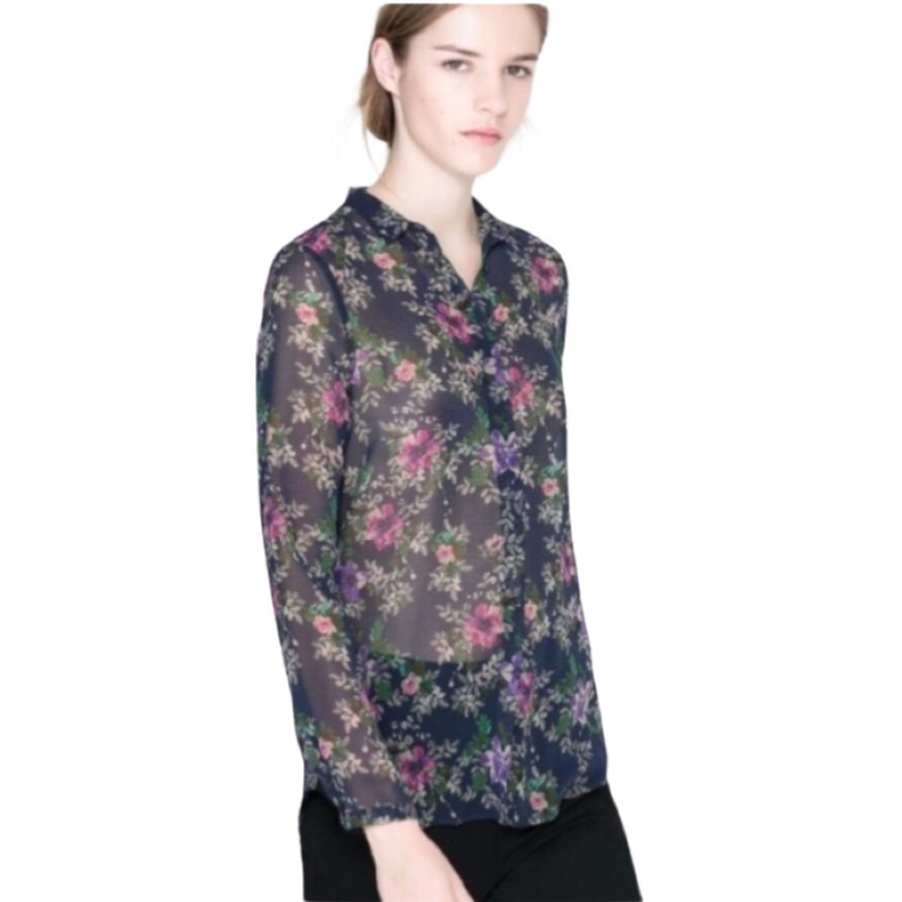 ZARA Sheer Ditsy Floral-Print Button-Down Shirt